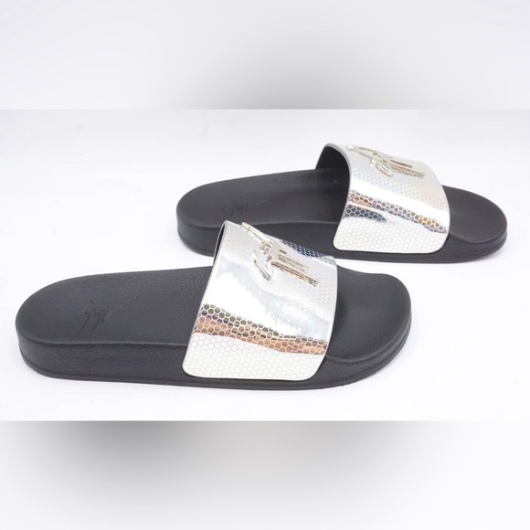 NIB [Giuseppe Zanotti] Metallic Black/Silver Slide Sandals Men's EU 39, US 6 - Picture 11 of 17